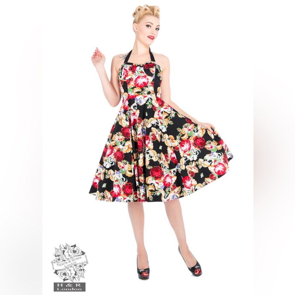 Hearts & Roses Pin Up Halter Lace Up Back Dress